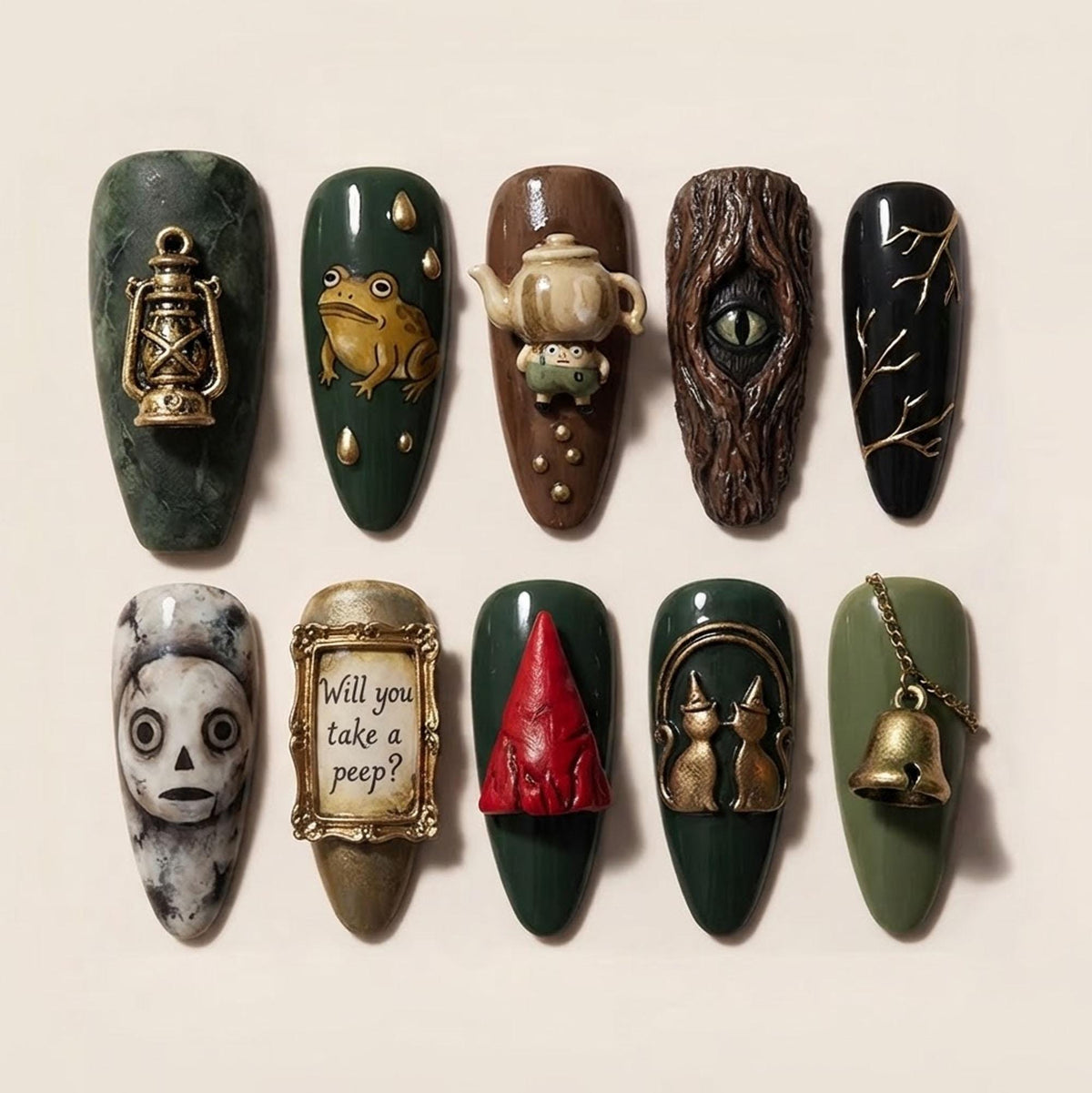 Spooky Woodland Nails with 3D Frog, Tree Eye, Lantern and Red Pointed Hat