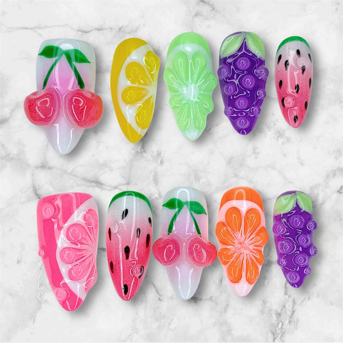 Spring 3D Fruit Press-On Nails With Cherries, Citrus, Grapes, and Watermelon