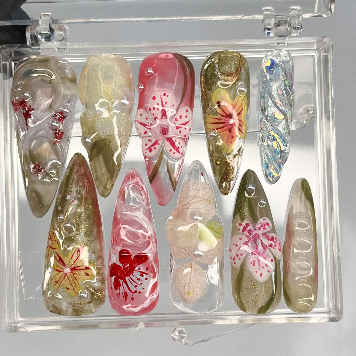 Spring Botanical Flower Press On Nails in Olive, Gold and Pink