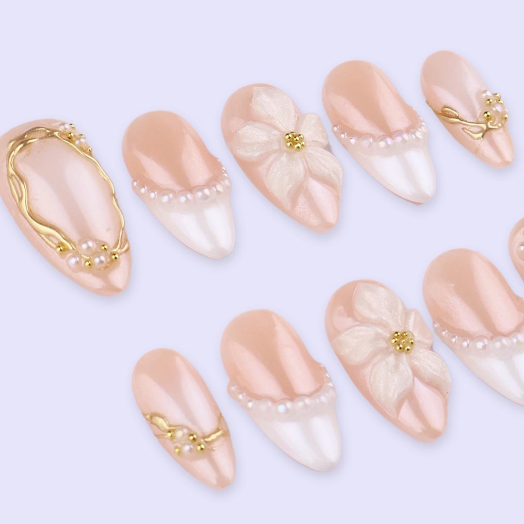 Spring Bridal French Tip Nails With 3D Flowers, Pearl Borders and Gold Frames