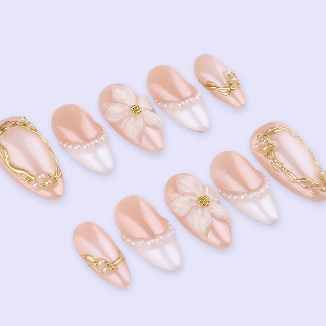 Spring Bridal French Tip Nails With 3D Flowers, Pearl Borders and Gold Frames