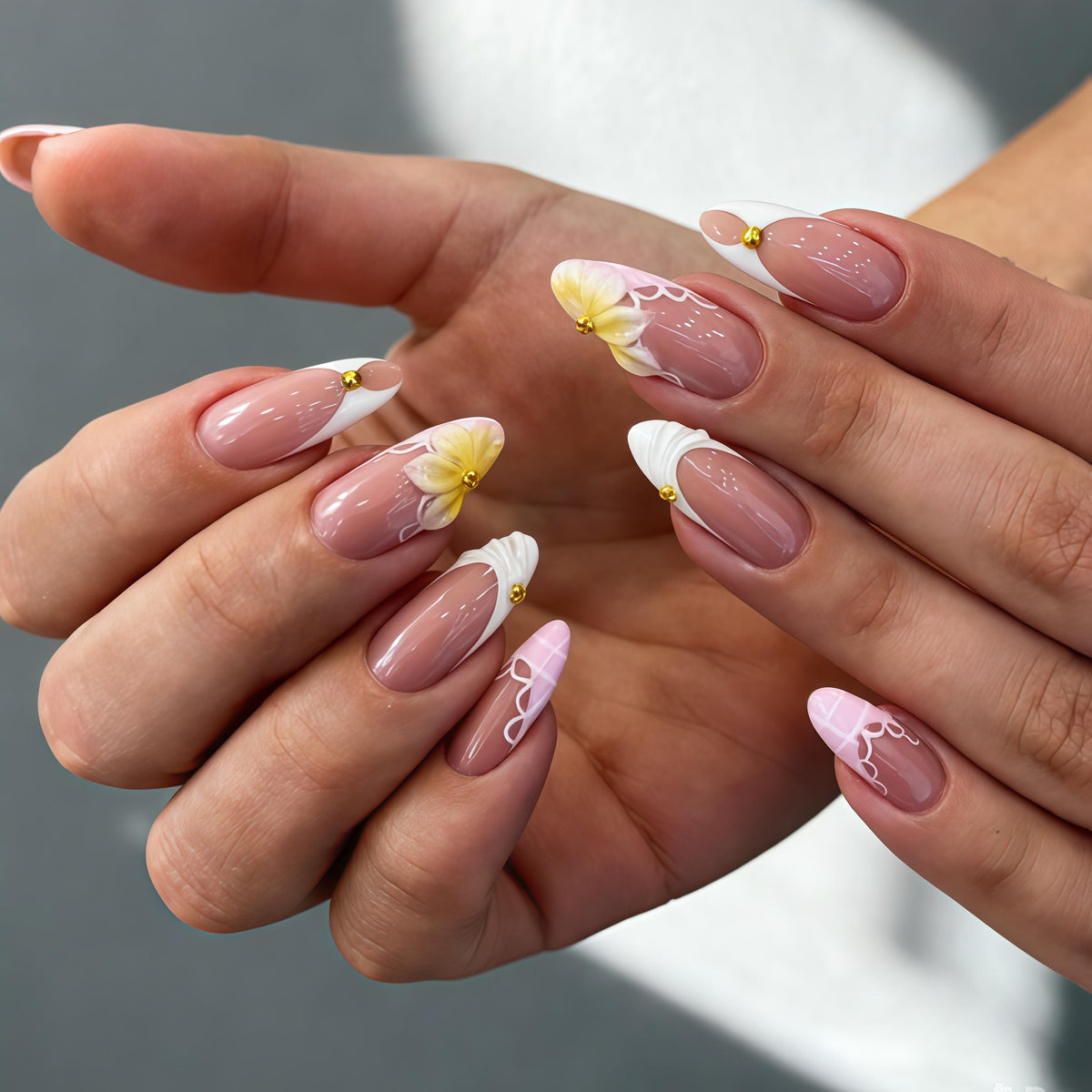 Spring Bridal French Tip Nails with Dusty Pink Base, White Lace, Yellow Flowers and Gold Studs