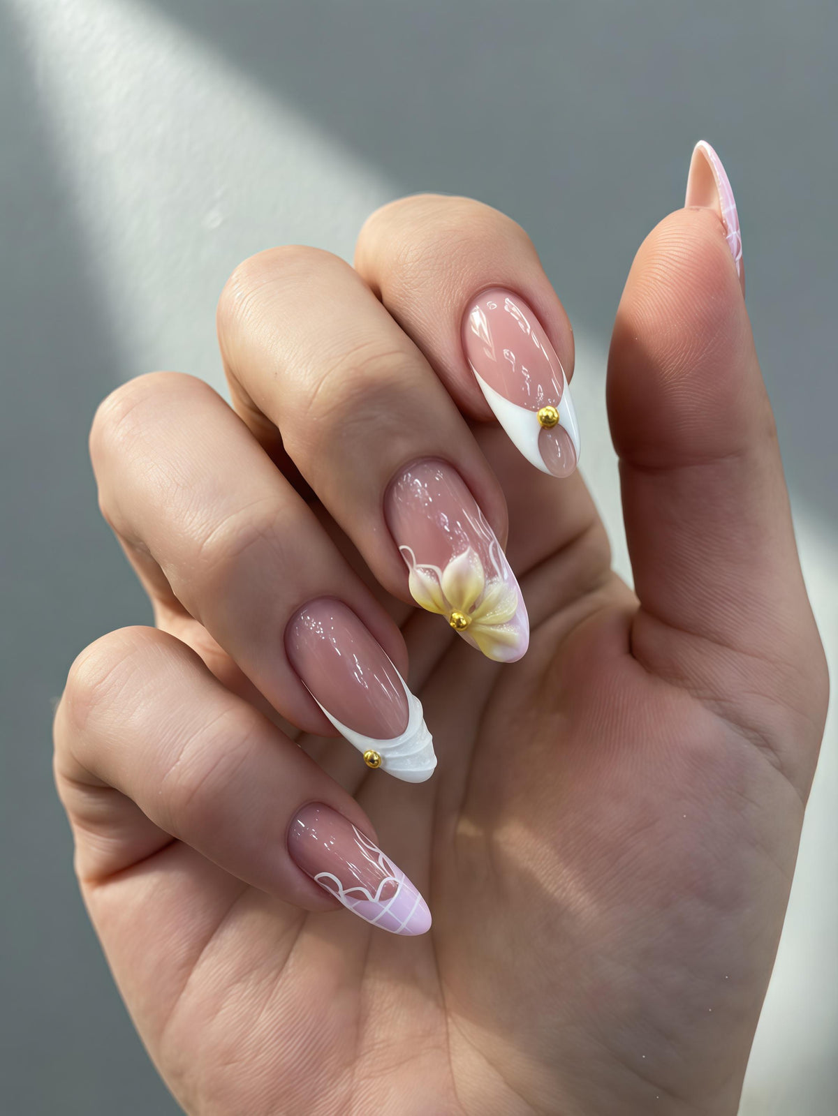 Spring Bridal French Tip Nails with Dusty Pink Base, White Lace, Yellow Flowers and Gold Studs