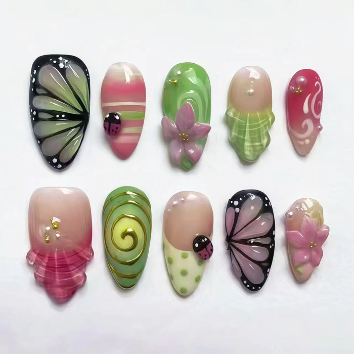 Spring Butterfly Wing Press On Nails with Green Swirls, Plaid, Flowers and Ladybugs