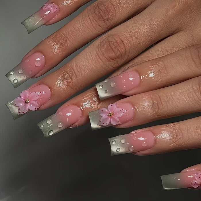 Spring Cherry Blossom Press On Nails With Silvery Sage Ombre and 3D Water Drops