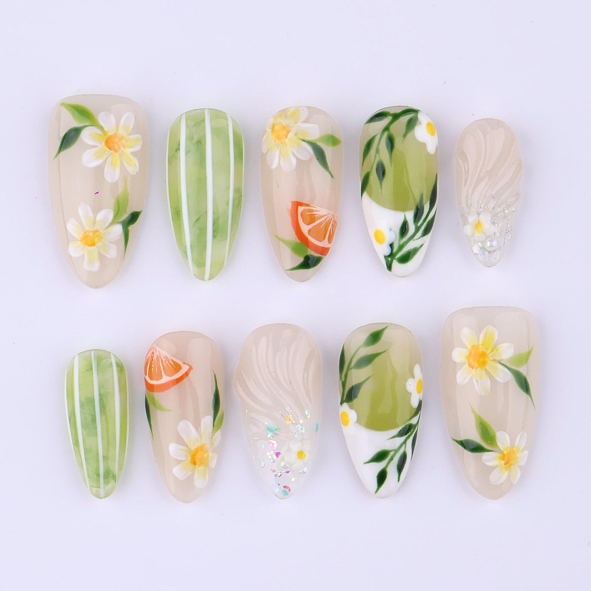 Spring Daisy, Green Leaf and Orange Slice Botanical Press On Nails