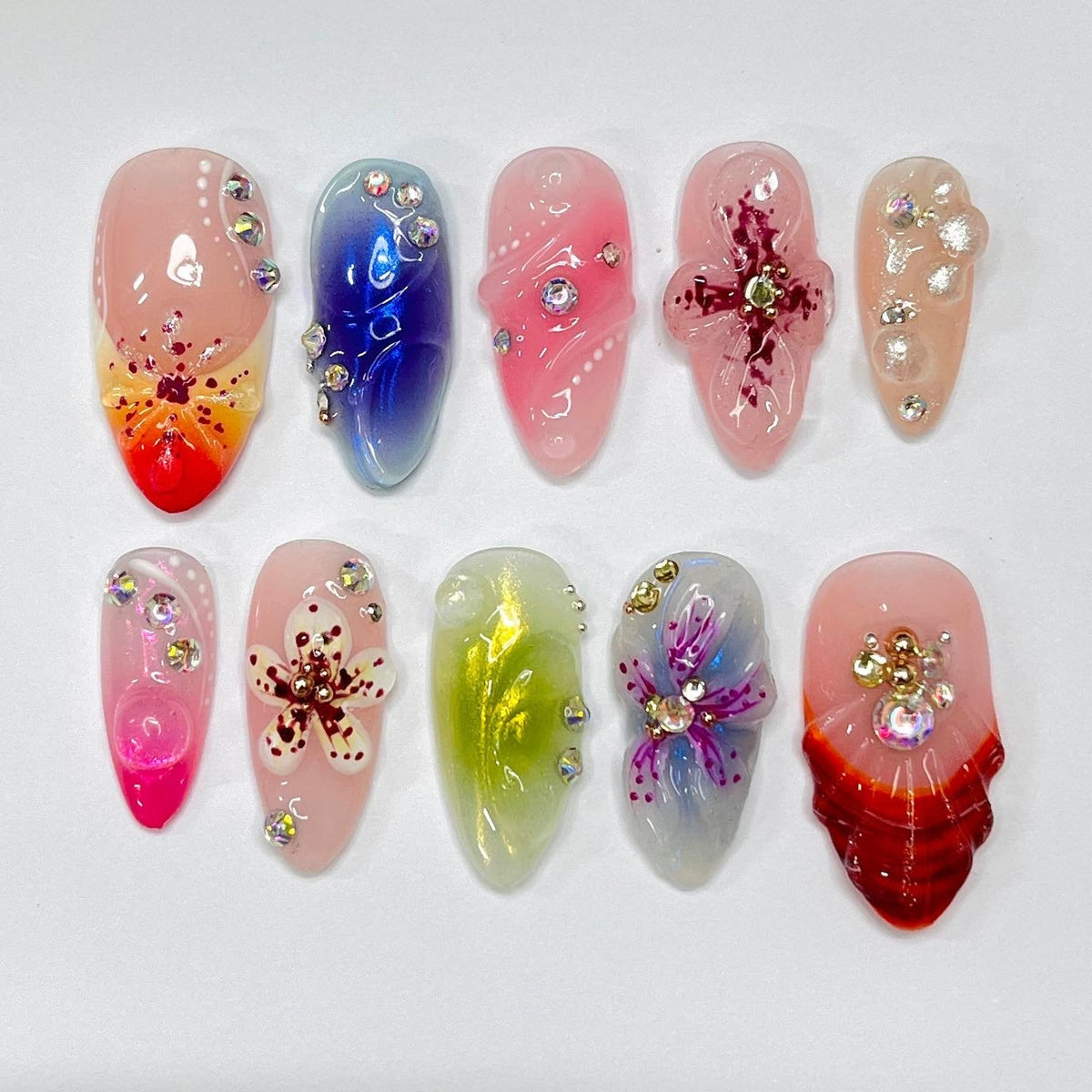 Spring Enchanted Garden Floral Press On Nail Set With Rhinestones