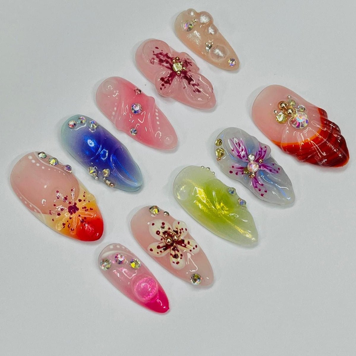 Spring Enchanted Garden Floral Press On Nail Set With Rhinestones