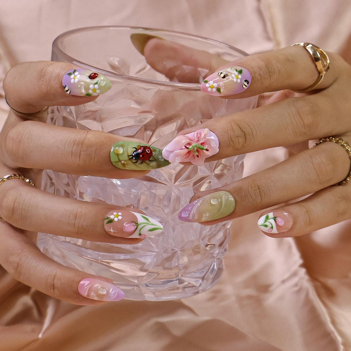 Spring Floral Insect Nail Set With 3D Pink Flower
