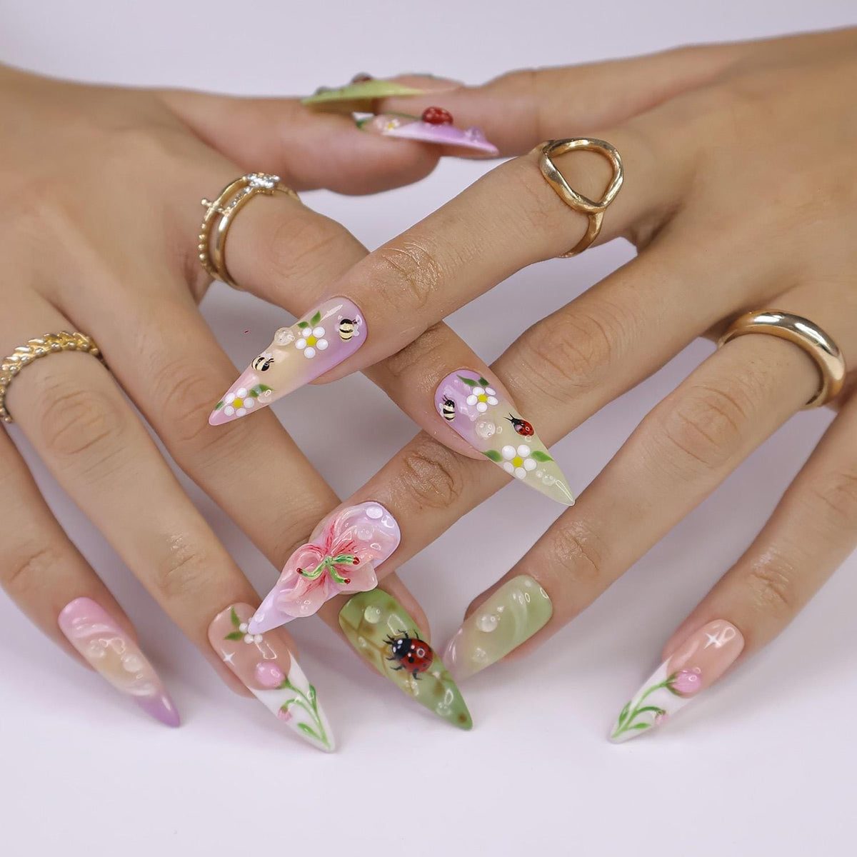 Spring Floral Insect Nail Set With 3D Pink Flower
