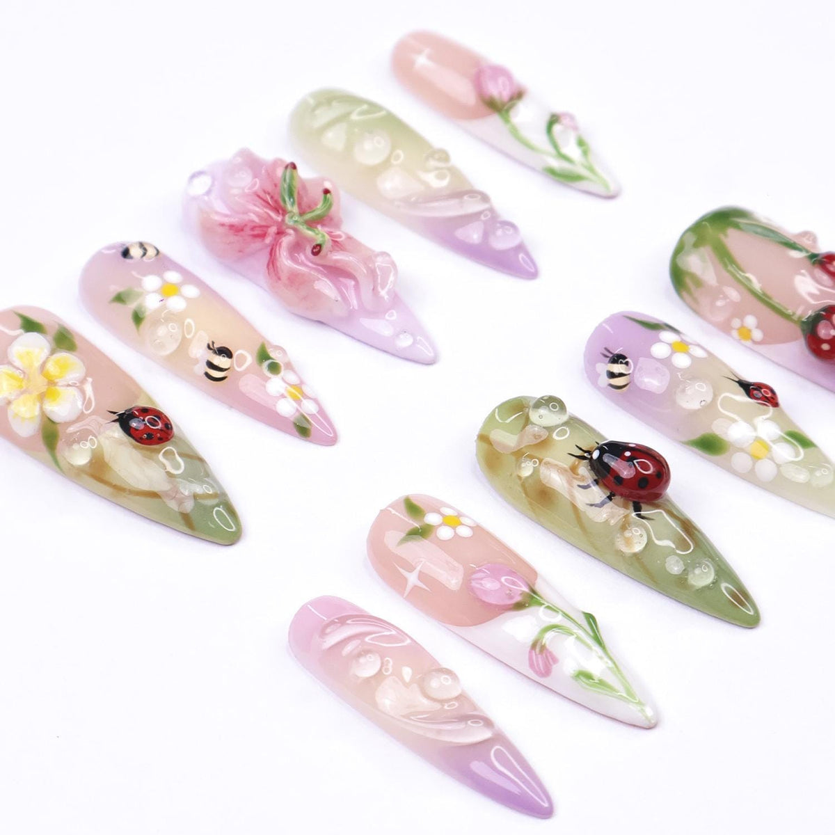 Spring Floral Insect Nail Set With 3D Pink Flower