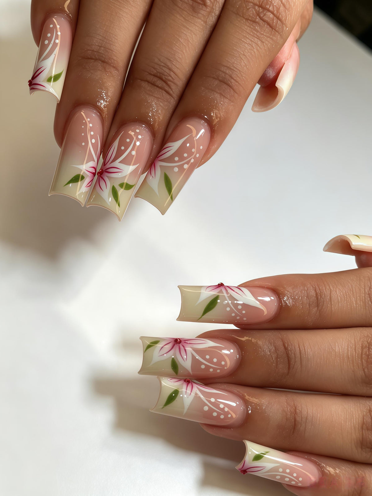 Spring Floral Nude Pink French Tip Press On Nails With Green Leaves