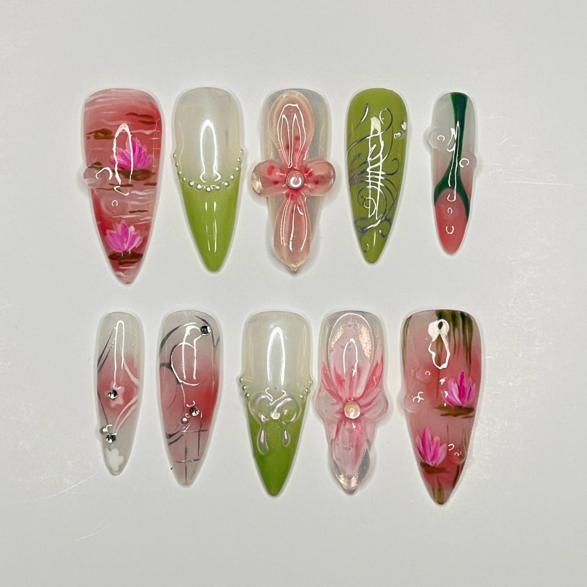 Spring Floral Press-On Nail Set With Green Accents and 3D Flower Details