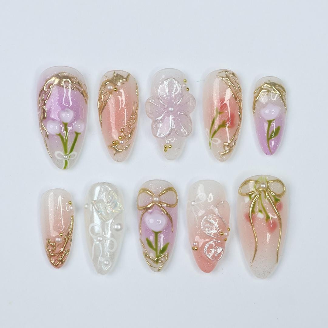 Spring Floral Press On Nails With Gold Ribbon Bows and Pearls