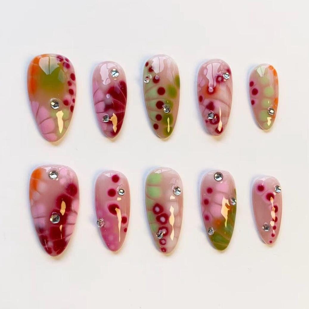 Spring Floral Press On Nails With Translucent Pink, Red Spots, Green Accents and Rhinestones