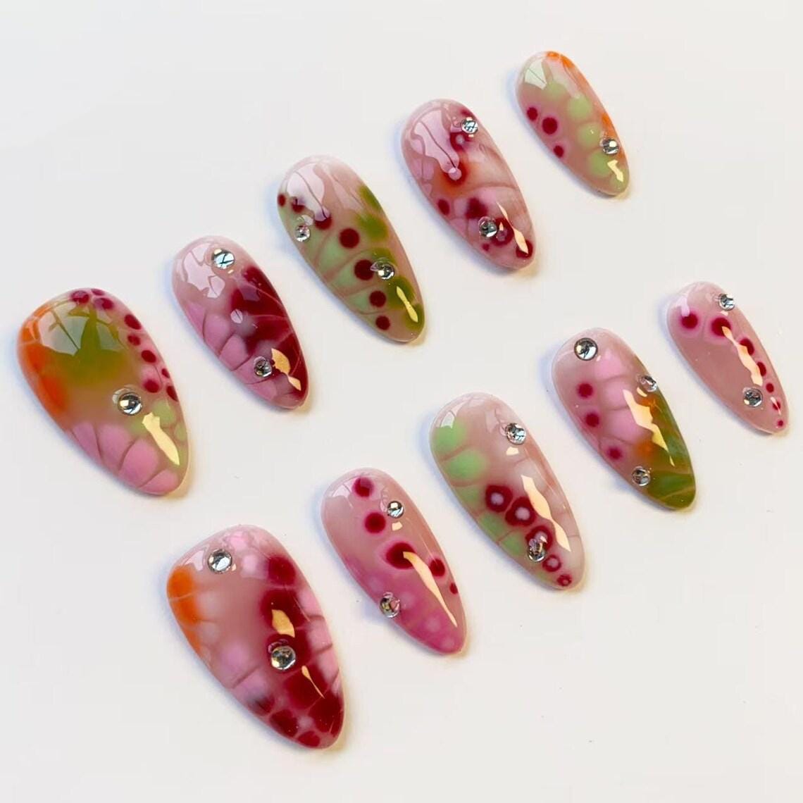 Spring Floral Press On Nails With Translucent Pink, Red Spots, Green Accents and Rhinestones