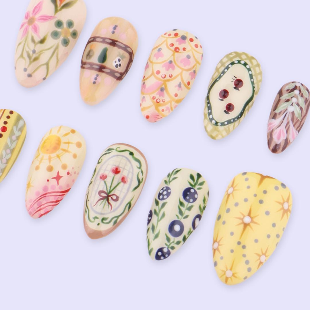 Spring Folk Garden Floral Press On Nails in Warm Pastel Colors