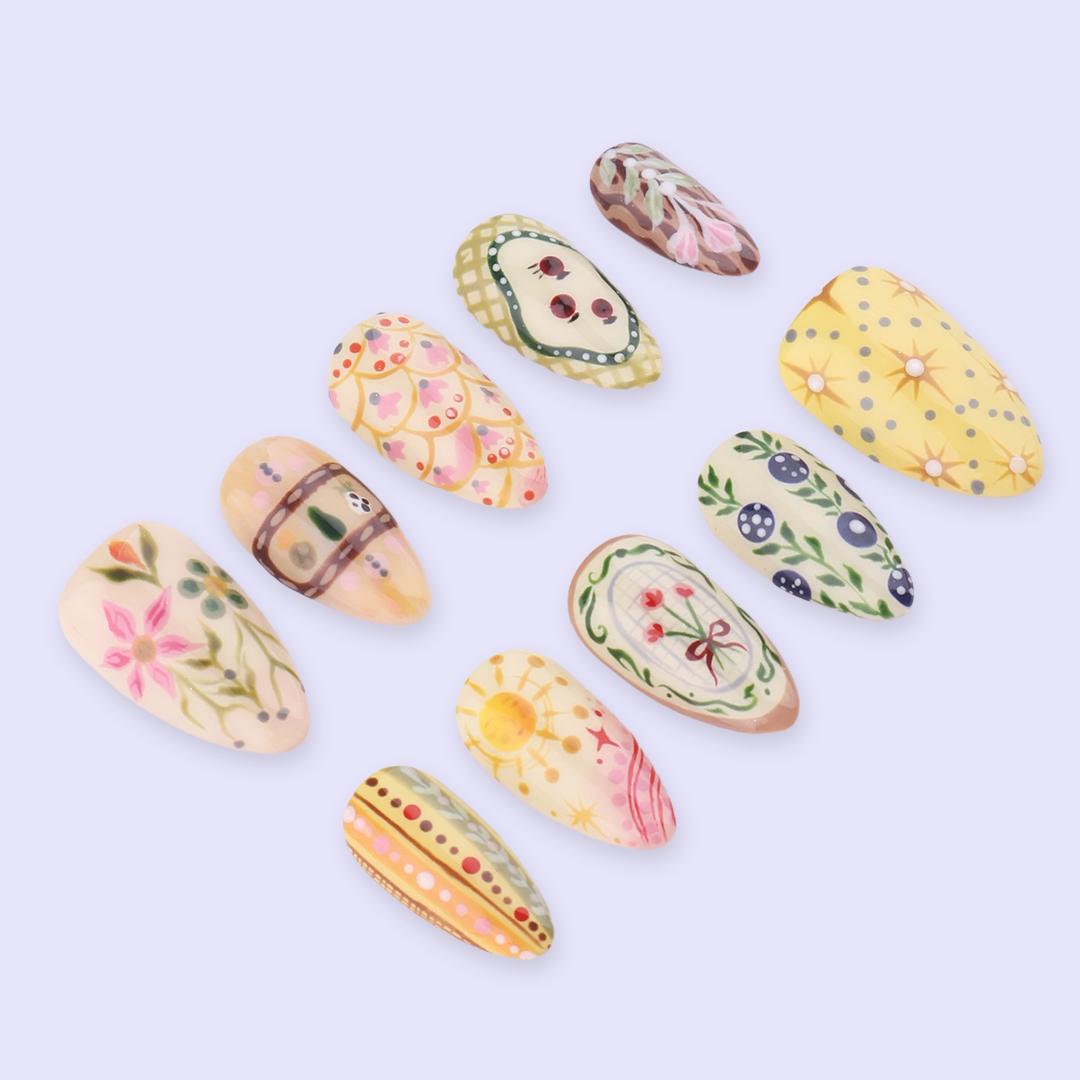 Spring Folk Garden Floral Press On Nails in Warm Pastel Colors