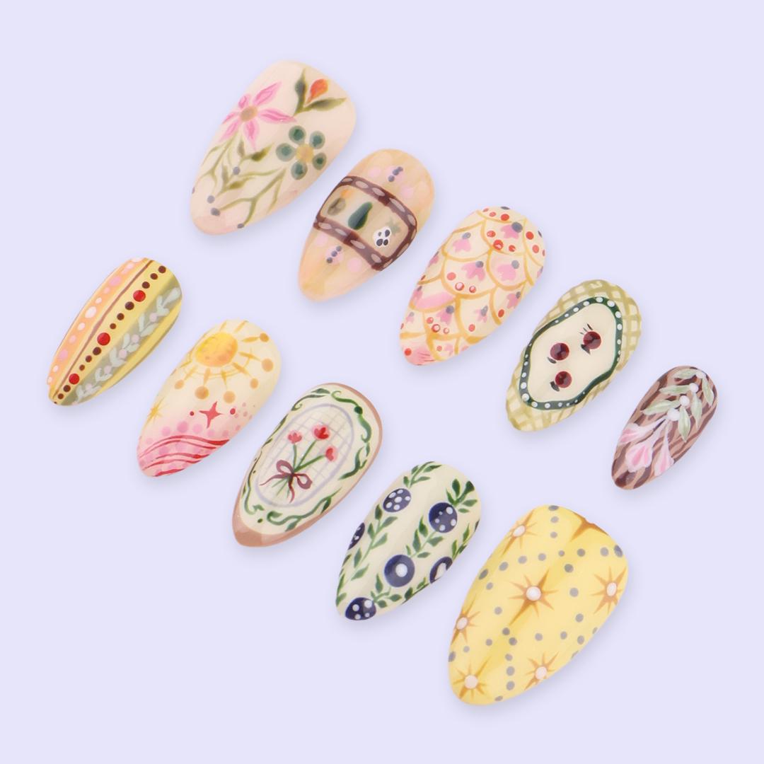 Spring Folk Garden Floral Press On Nails in Warm Pastel Colors