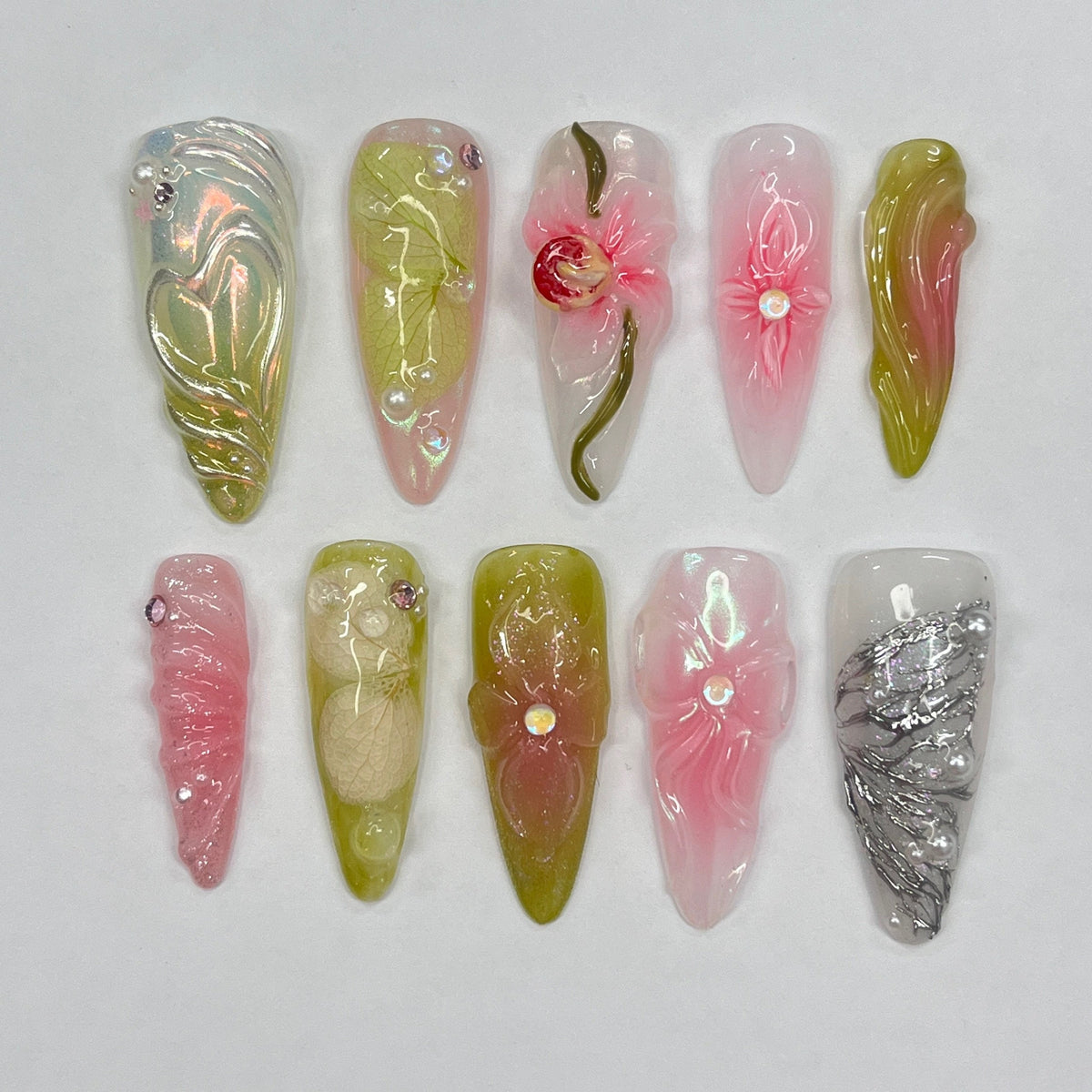 Spring Garden 3D Floral Nails with Iridescent Shimmer and Silver Accents