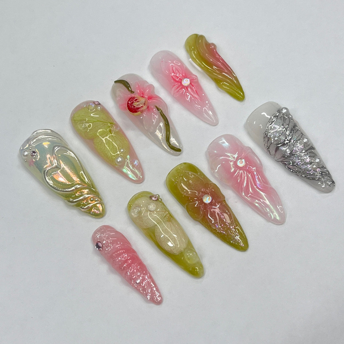 Spring Garden 3D Floral Nails with Iridescent Shimmer and Silver Accents