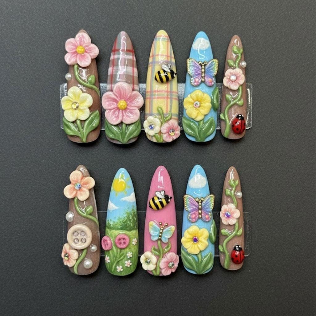 Spring Garden Flower Press On Nails with Butterflies, Bees, Ladybugs and Plaid