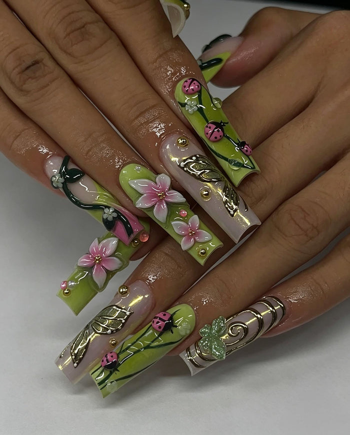 Spring Garden Press On Nails With 3D Pink Flowers, Ladybugs and Gold Leaf Details