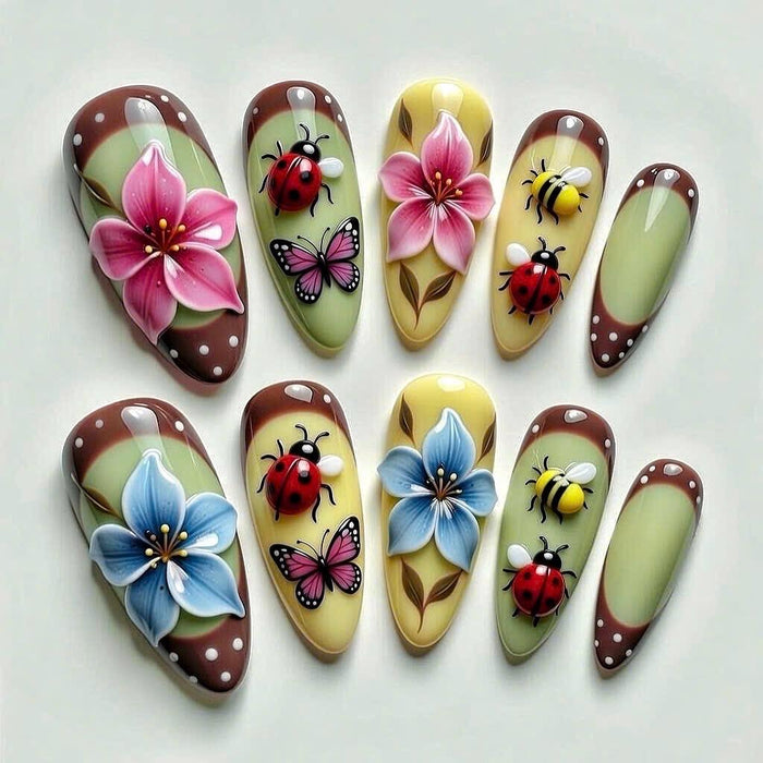 Spring Garden Press-On Nails with 3D Flowers, Bees, Ladybugs and Polka-Dot Tips