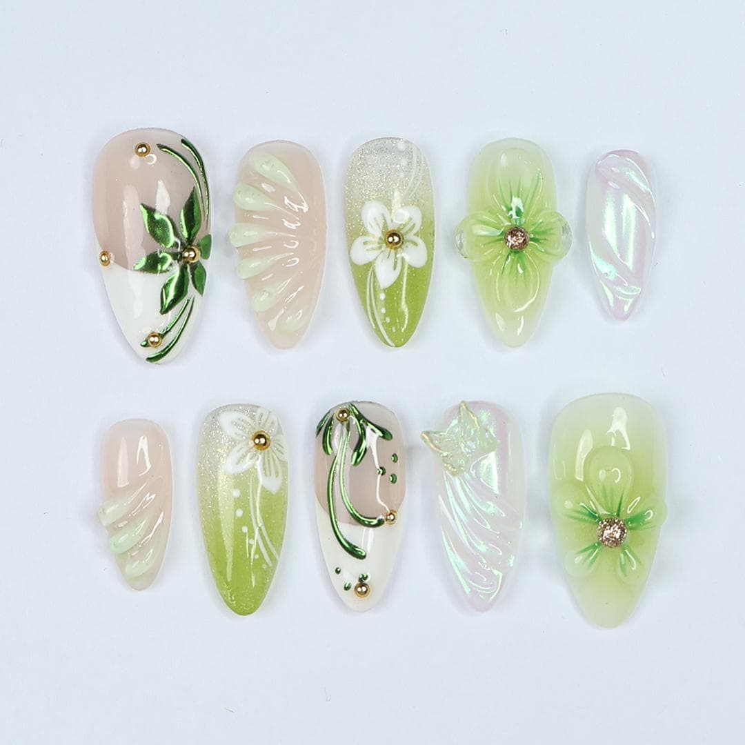 Spring Green and Blush Floral Butterfly Press-On Nail Set with 3D Flowers and Iridescent Chrome