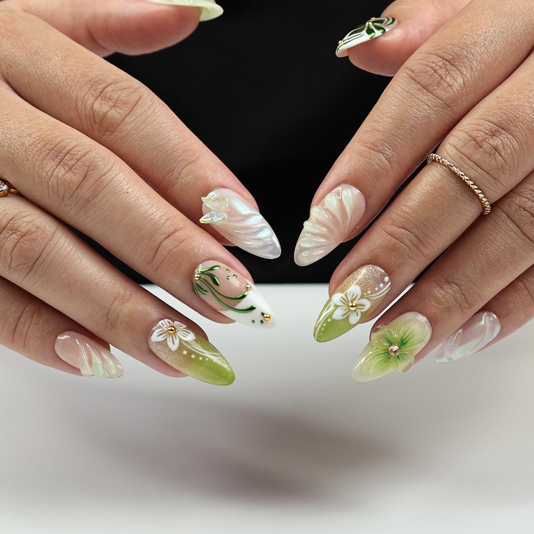 Spring Green and Blush Floral Butterfly Press-On Nail Set with 3D Flowers and Iridescent Chrome