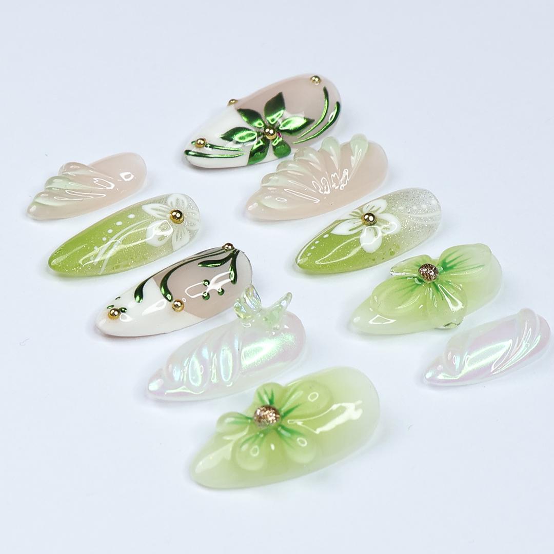 Spring Green and Blush Floral Butterfly Press-On Nail Set with 3D Flowers and Iridescent Chrome
