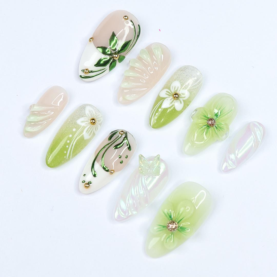 Spring Green and Blush Floral Butterfly Press-On Nail Set with 3D Flowers and Iridescent Chrome