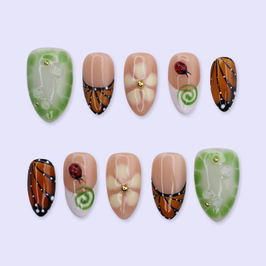 Spring Green Butterfly, Floral & Ladybug Press-On Nail Set