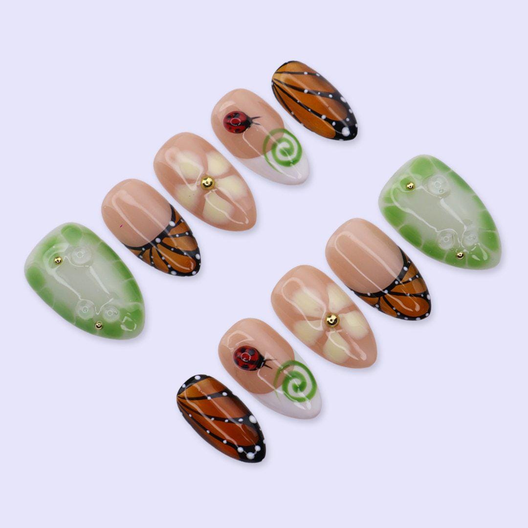 Spring Green Butterfly, Floral & Ladybug Press-On Nail Set