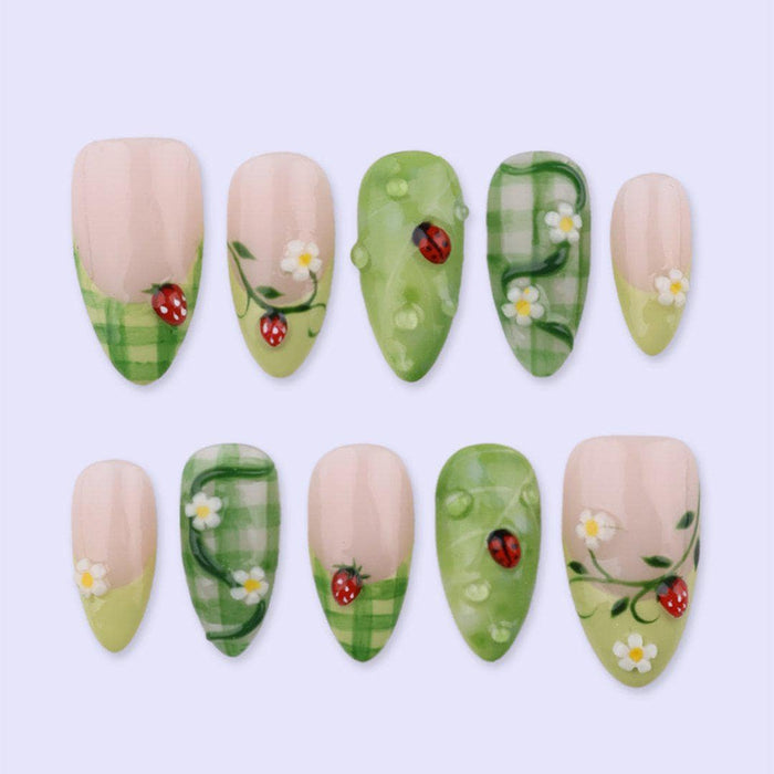 Spring Green Plaid Ladybug and Daisy Press On Nail Set