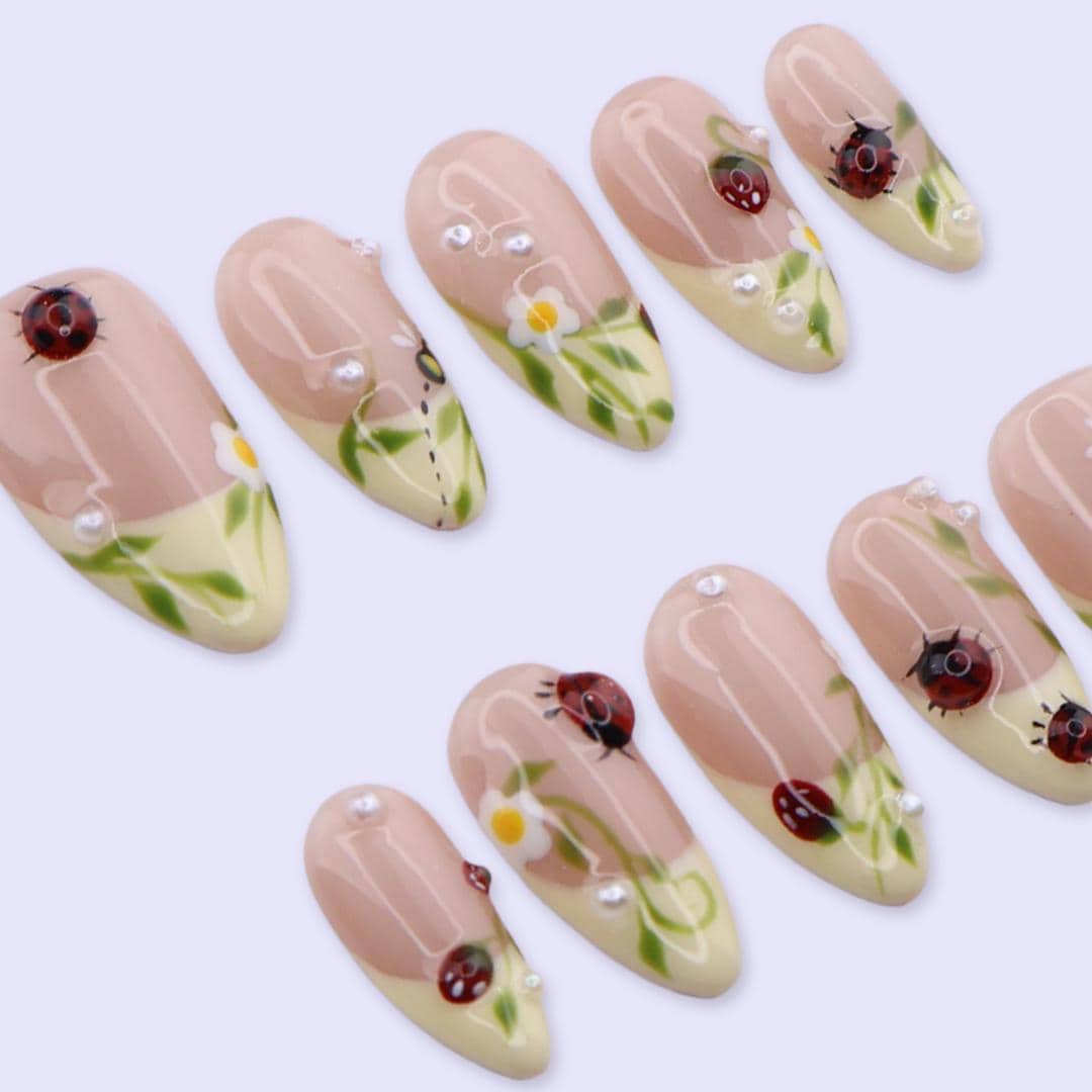 Spring Nude Pink Garden Press On Nails with Daisies, Ladybugs & Green French Tips