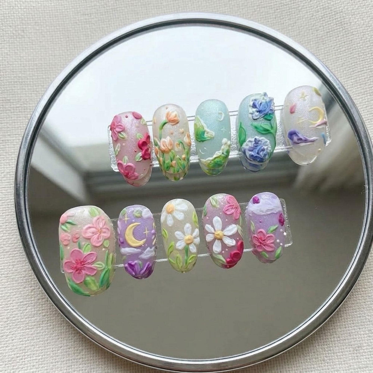 Spring Pastel 3D Floral Garden Press On Nails with Crescent Moon