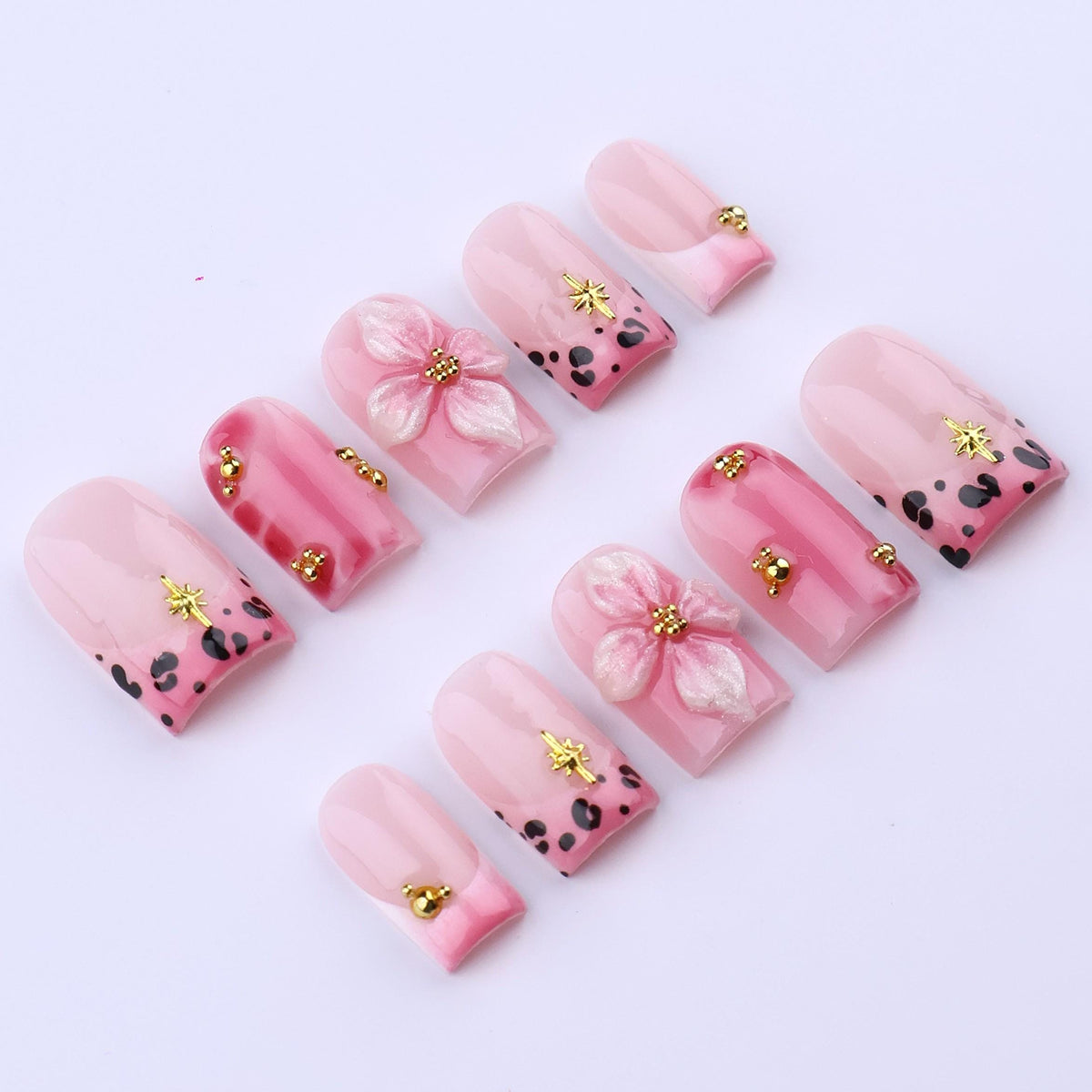 Spring Pink Leopard Press-On Nails with 3D Flowers and Gold Star Charms