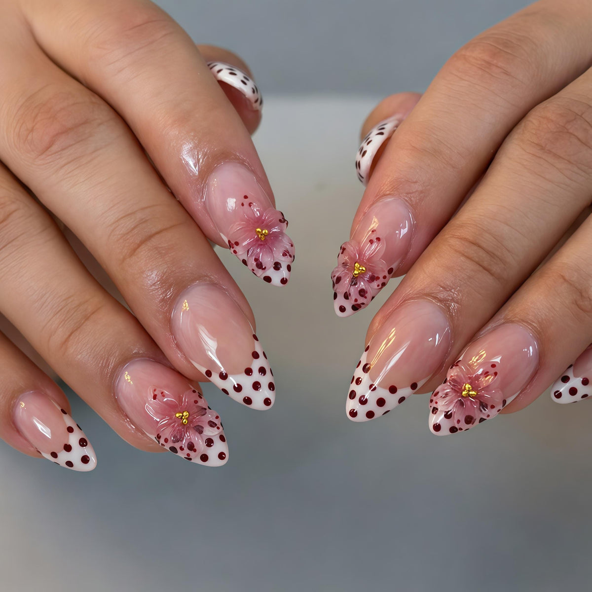 Spring Pink-Nude French Tip Press-On Nails with Burgundy Polka Dots and Pink Flowers