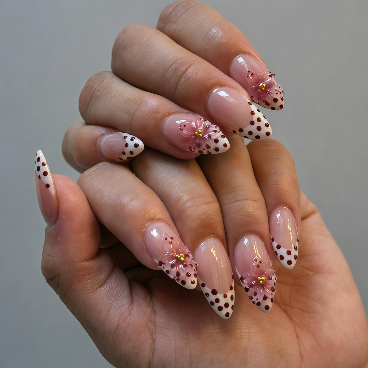 Spring Pink-Nude French Tip Press-On Nails with Burgundy Polka Dots and Pink Flowers