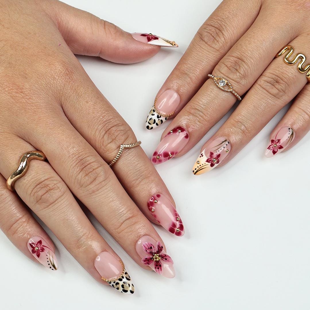 Spring Pink Sakura Floral Press On Nails with Leopard French Tips and Gold Accents