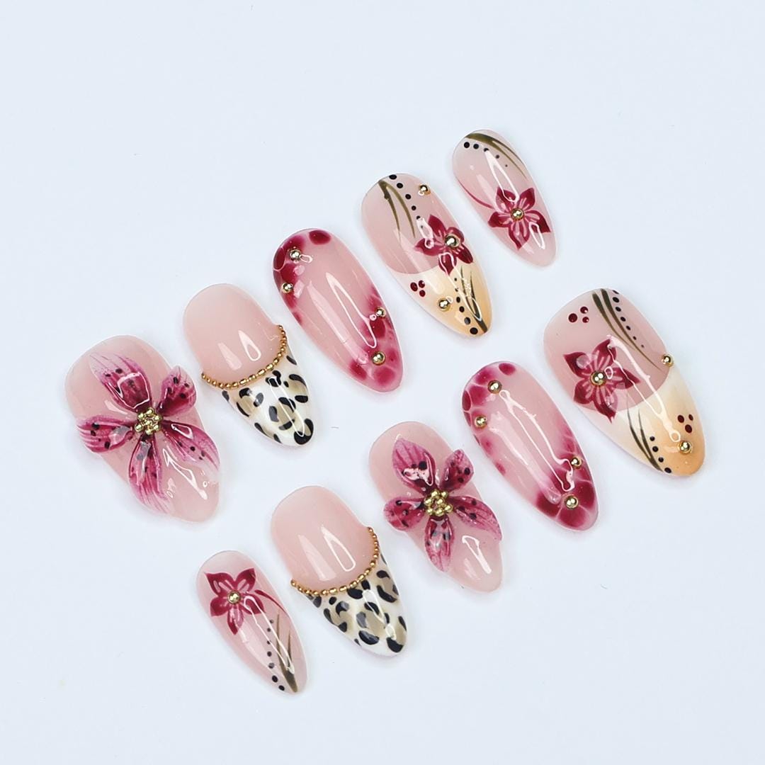 Spring Pink Sakura Floral Press On Nails with Leopard French Tips and Gold Accents