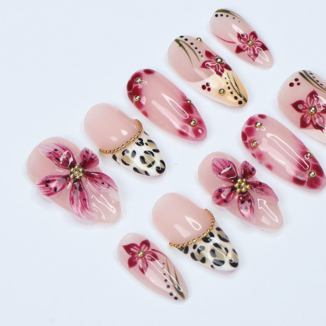 Spring Pink Sakura Floral Press On Nails with Leopard French Tips and Gold Accents