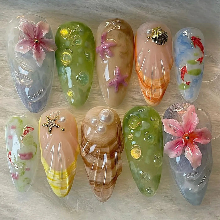 Spring Sage Green and Pink Floral Swirl Press On Nails with Ladybugs