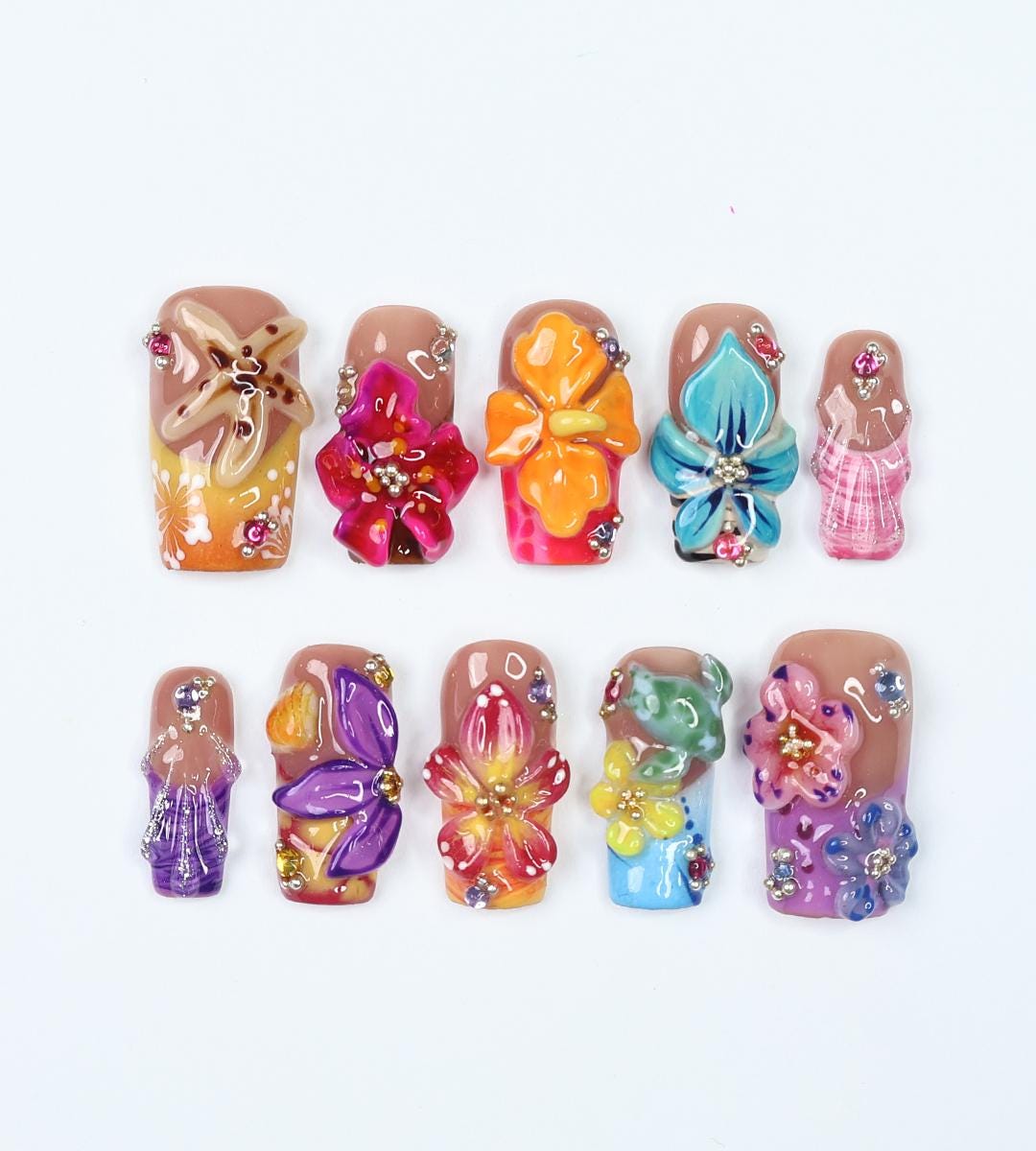 Spring Tropical 3D Floral Press-On Nails with Rhinestones and Multicolor Accents