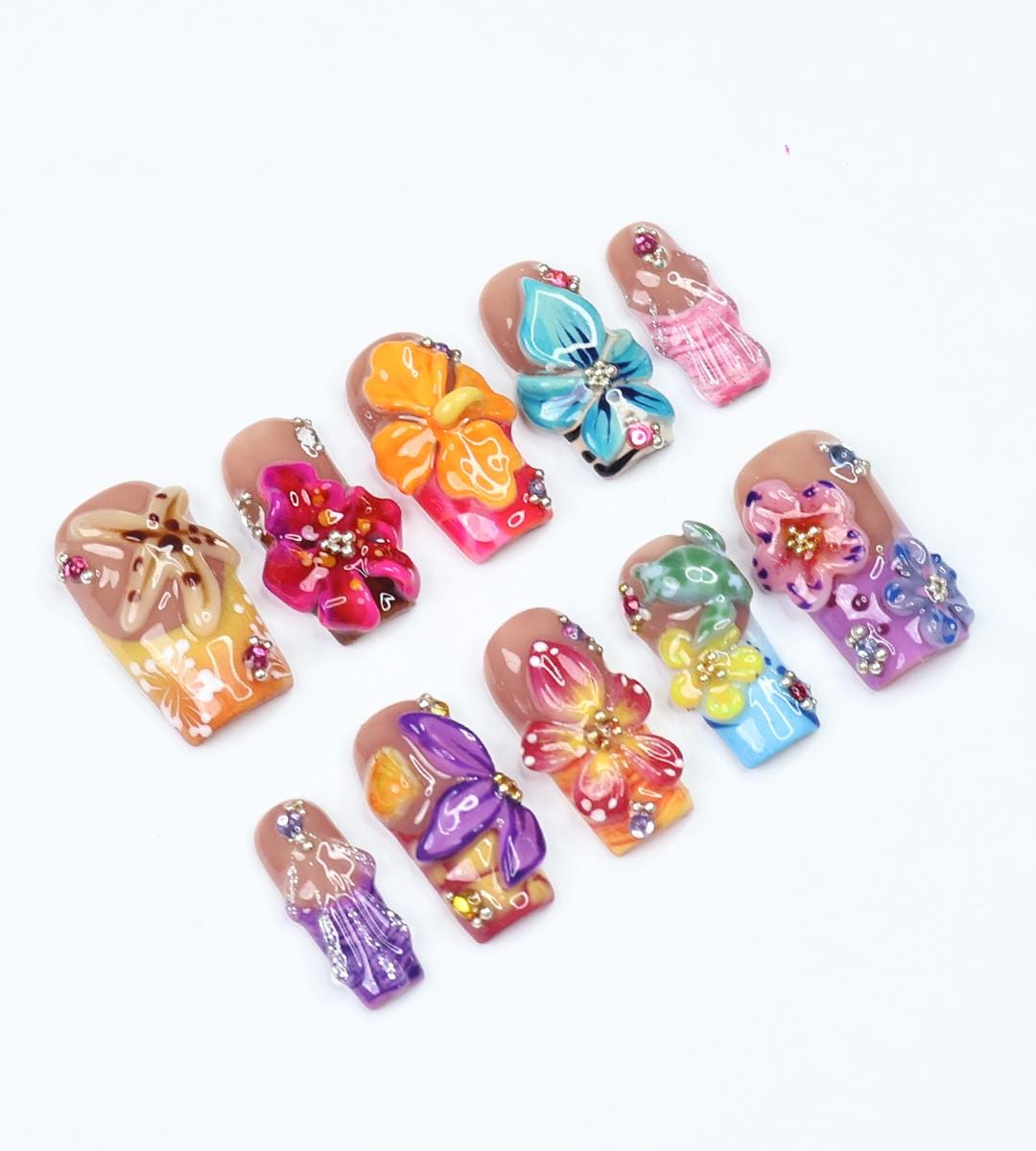 Spring Tropical 3D Floral Press-On Nails with Rhinestones and Multicolor Accents