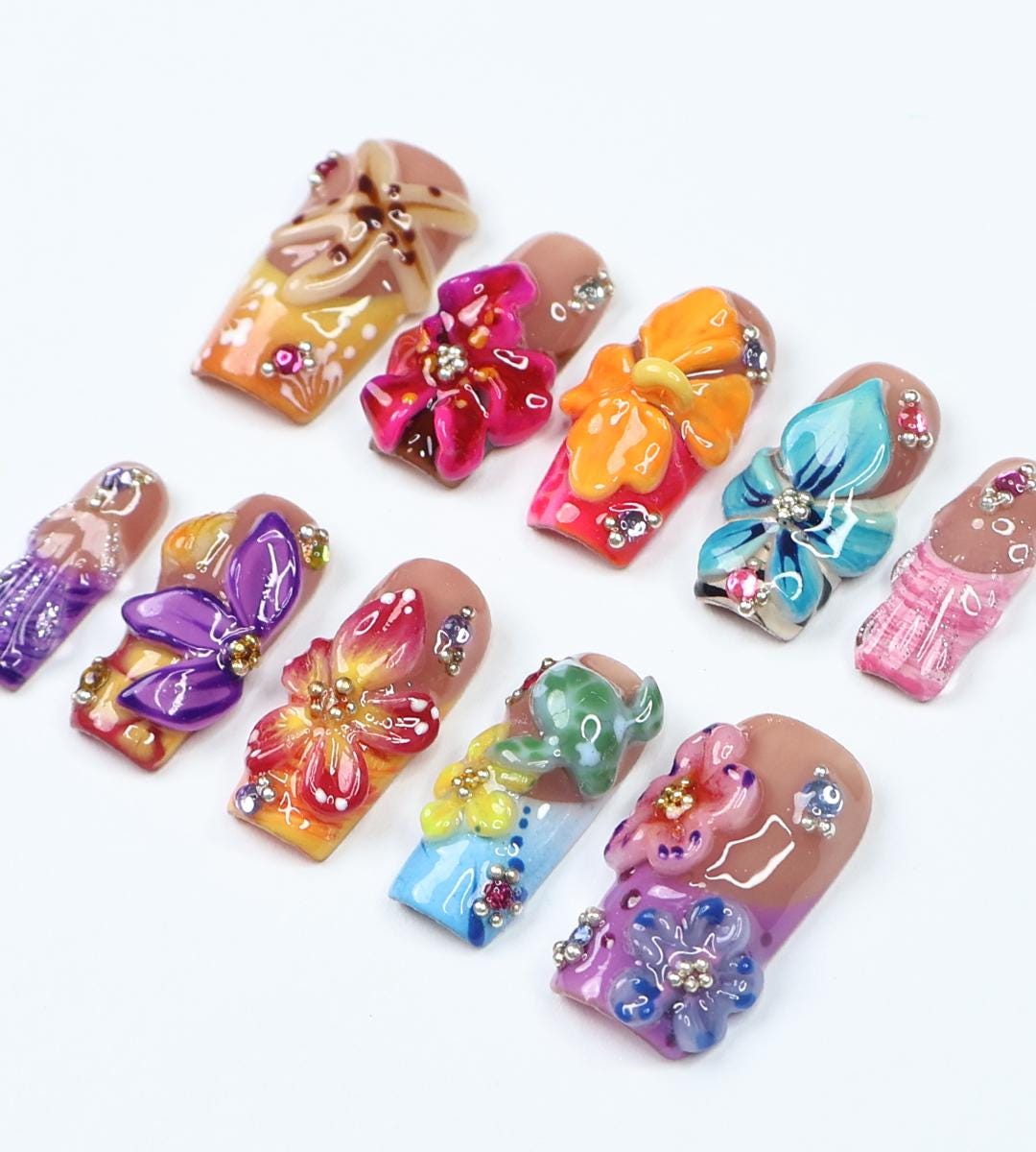 Spring Tropical 3D Floral Press-On Nails with Rhinestones and Multicolor Accents