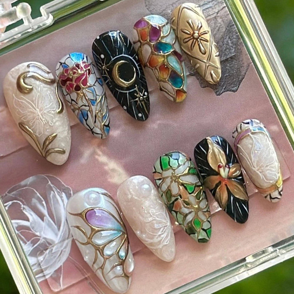 Stained Glass Butterfly and Floral Nails with Raised Gold Details