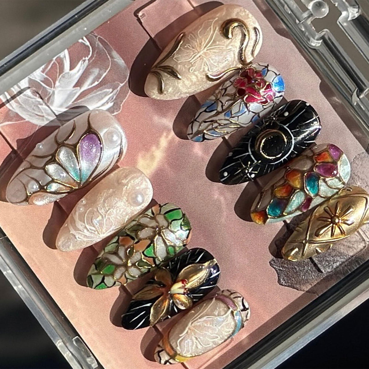 Stained Glass Butterfly and Floral Nails with Raised Gold Details
