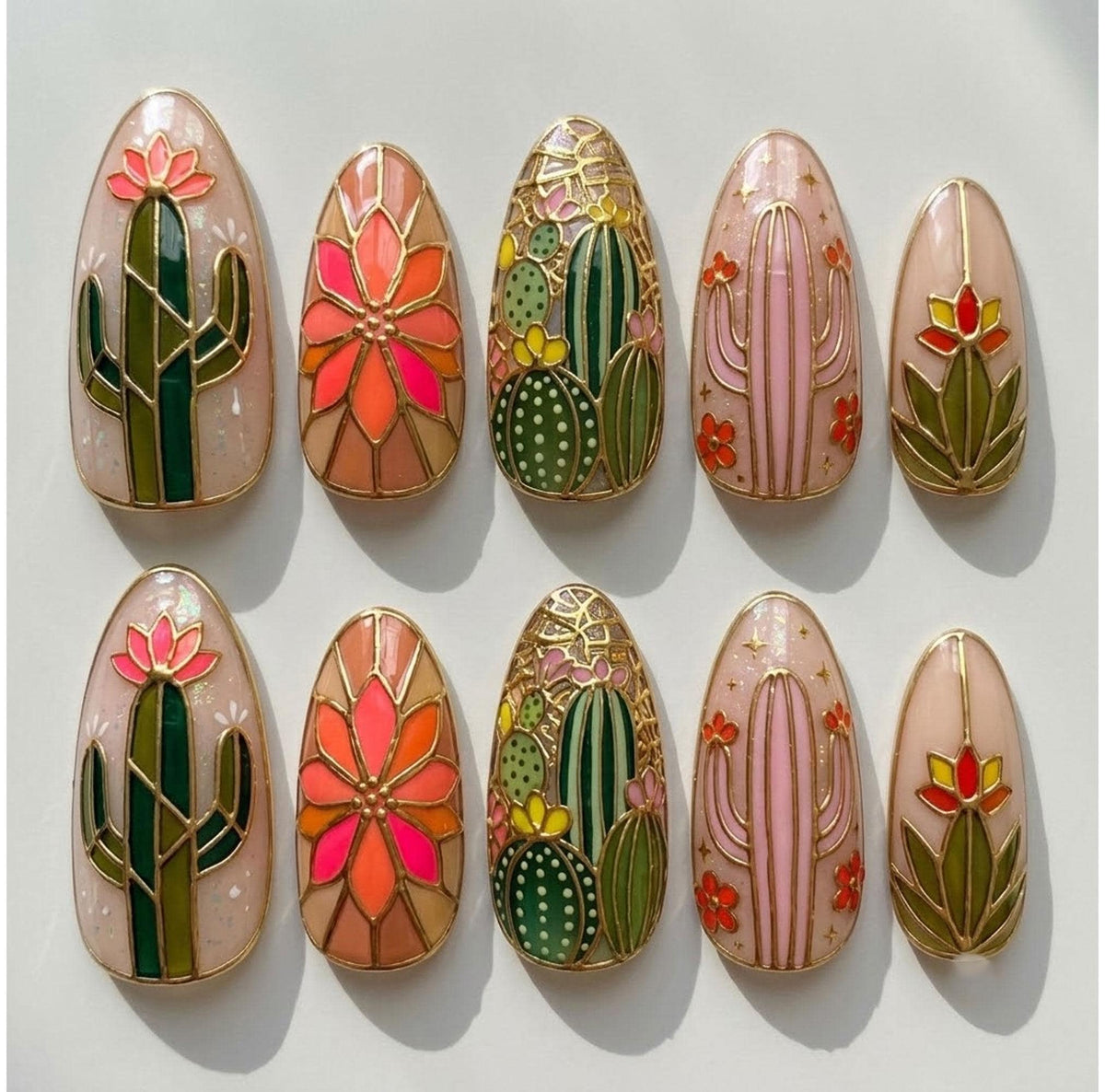 Stained Glass Cactus and Desert Flower Press-On Nail Set